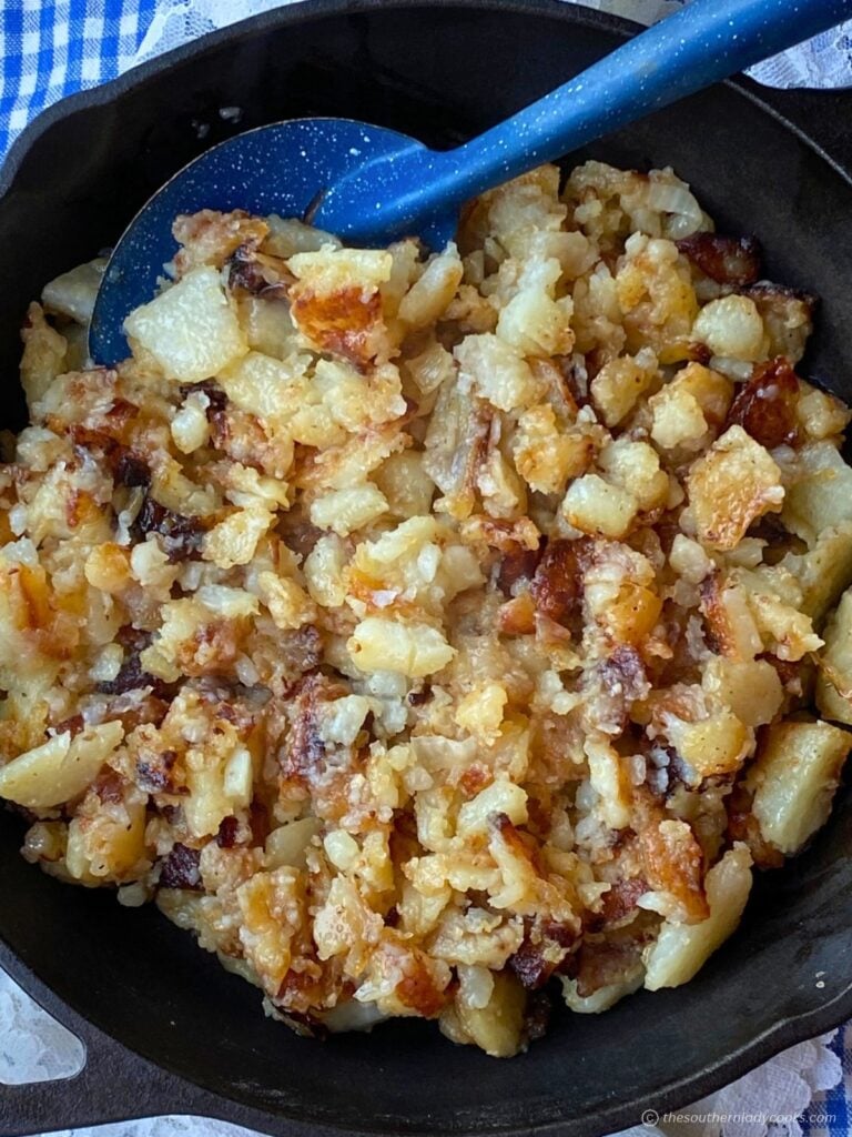 Skillet full of fried potatoes