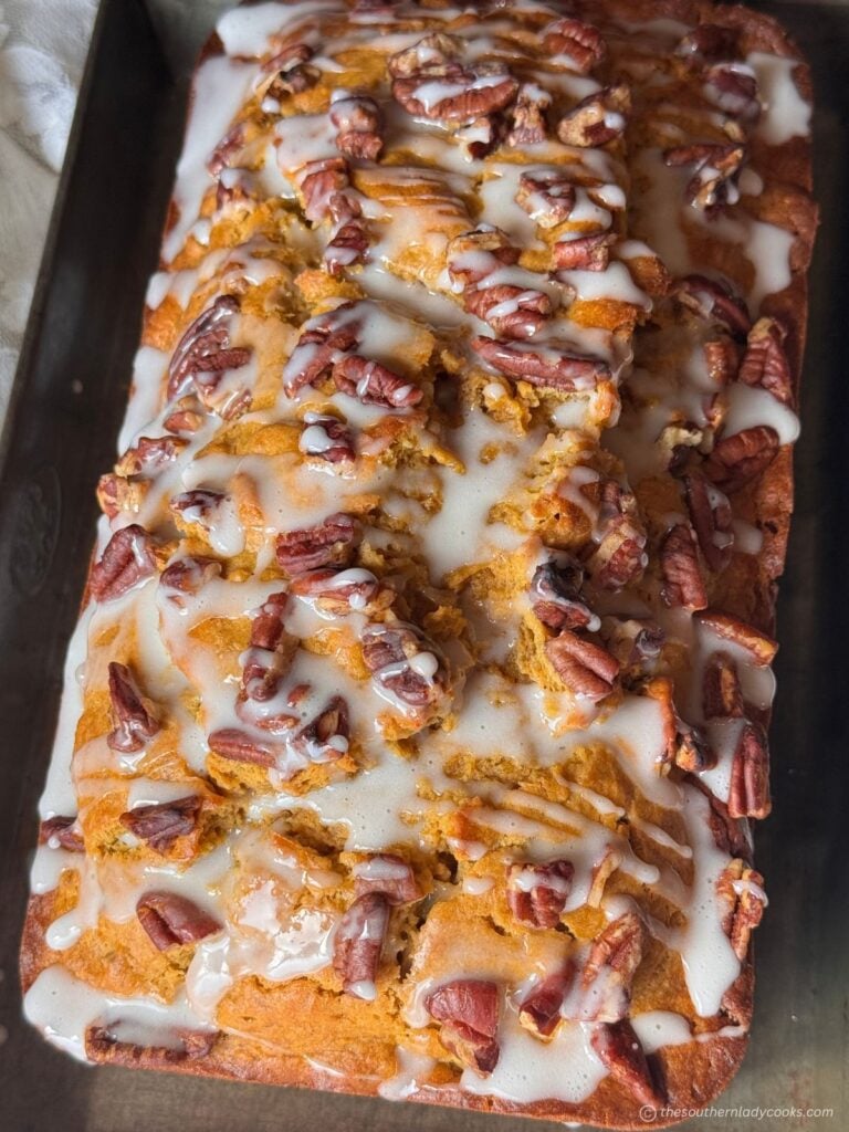 Pumpkin Banana Bread with nuts and a sugar glaze