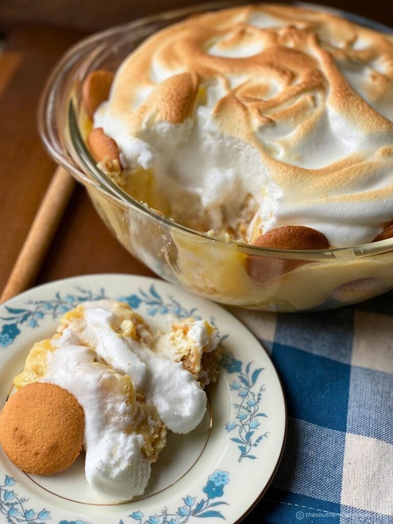 Banana Pudding made with meringue on a plate. 