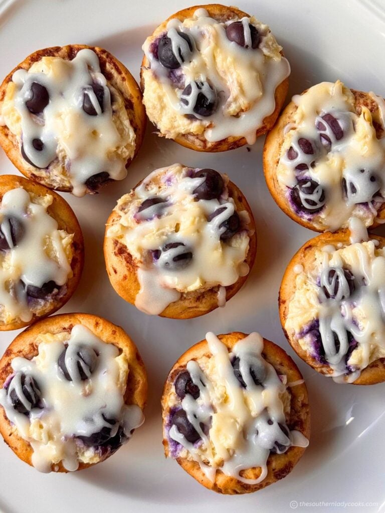 Pineapple Blueberry Cinnamon Muffins made from canned cinnamon rolls