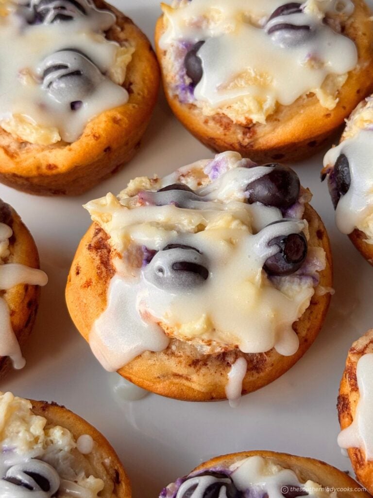 Pineapple Blueberry Cinnamon Muffins made from canned cinnamon rolls