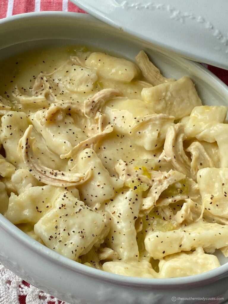 Bowl of Chicken and Dumplings, the dumplings are flat or slicks
