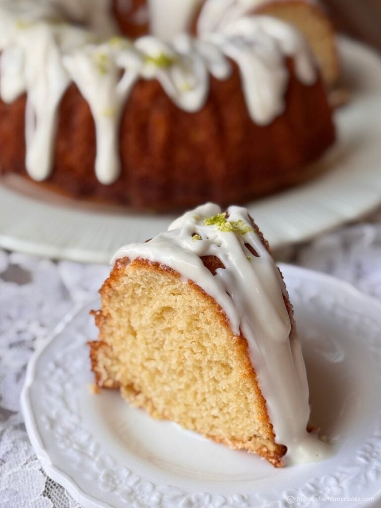 Slice of Key Lime Bundt Cake on plate