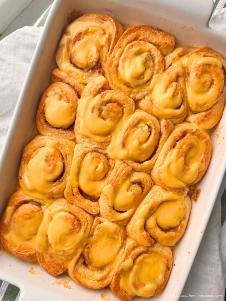 Pan of Orange Cream Cinnamon Rolls  made with whipping cream