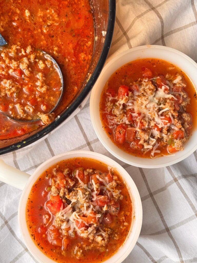 Italian Sausage Tomato Soup with mozzarella cheese